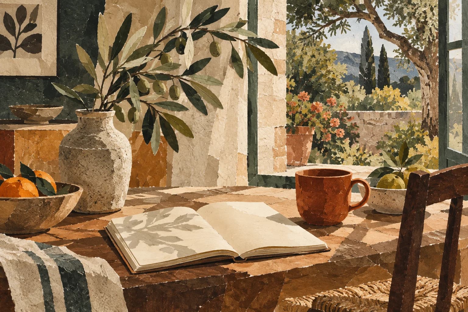 An illustrated sunlit reading table with a notebook, olive branches and a terracotta cup